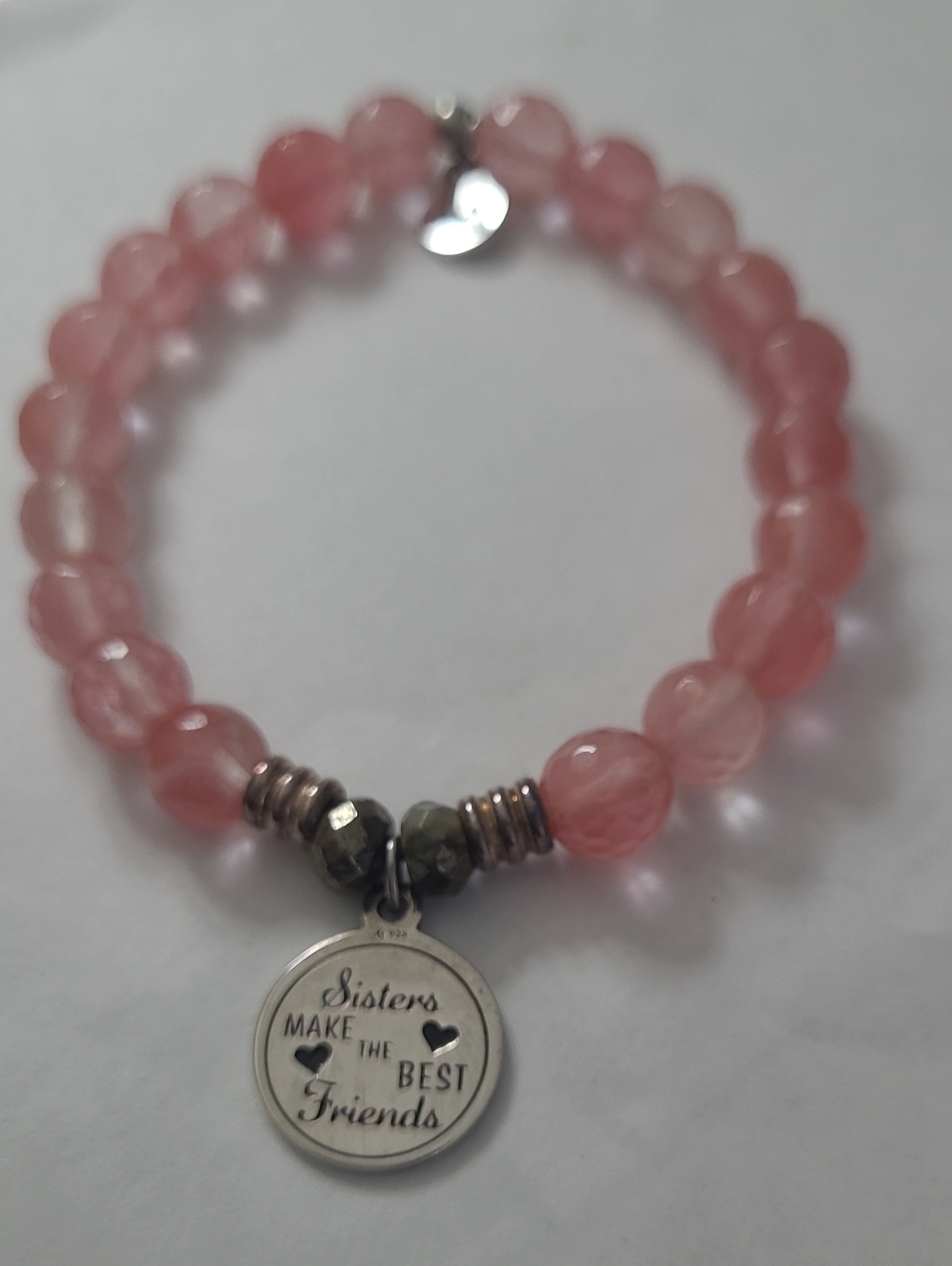 T. Jazelle Pink Avery Agate Sister Forever Friend Charm Bracelet Silver Accent
